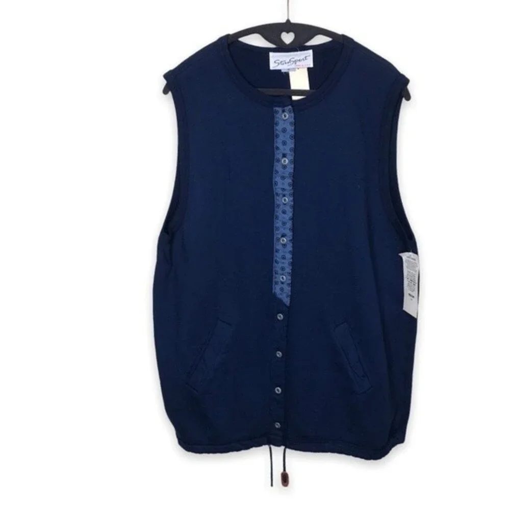 Vintage NWT Stan Sport Button Front Drawstring Bottom Navy Vest Women Medium